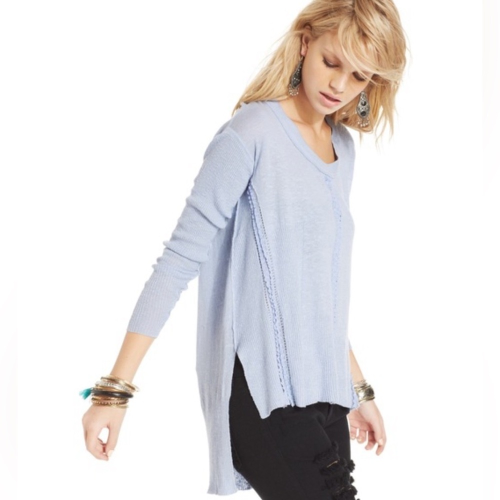 Free People. Road Linen Blend Pullover Long Sleeves,dusty blue lightweight